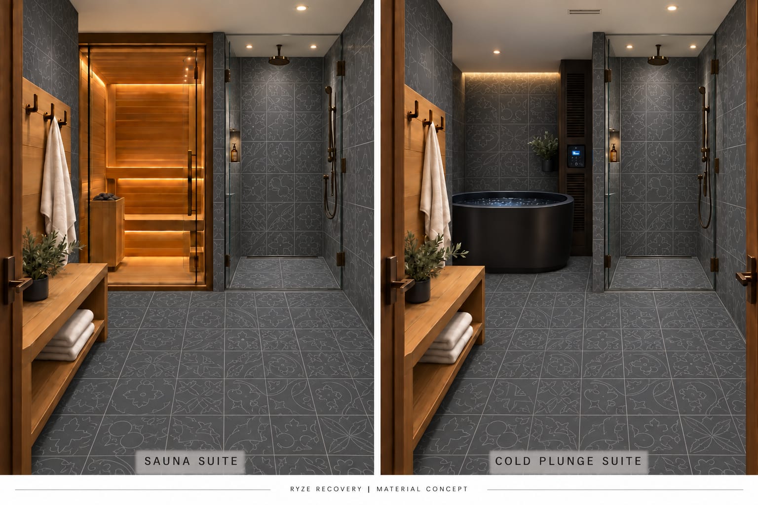 RYZE Recovery material concept — sauna suite and cold plunge suite